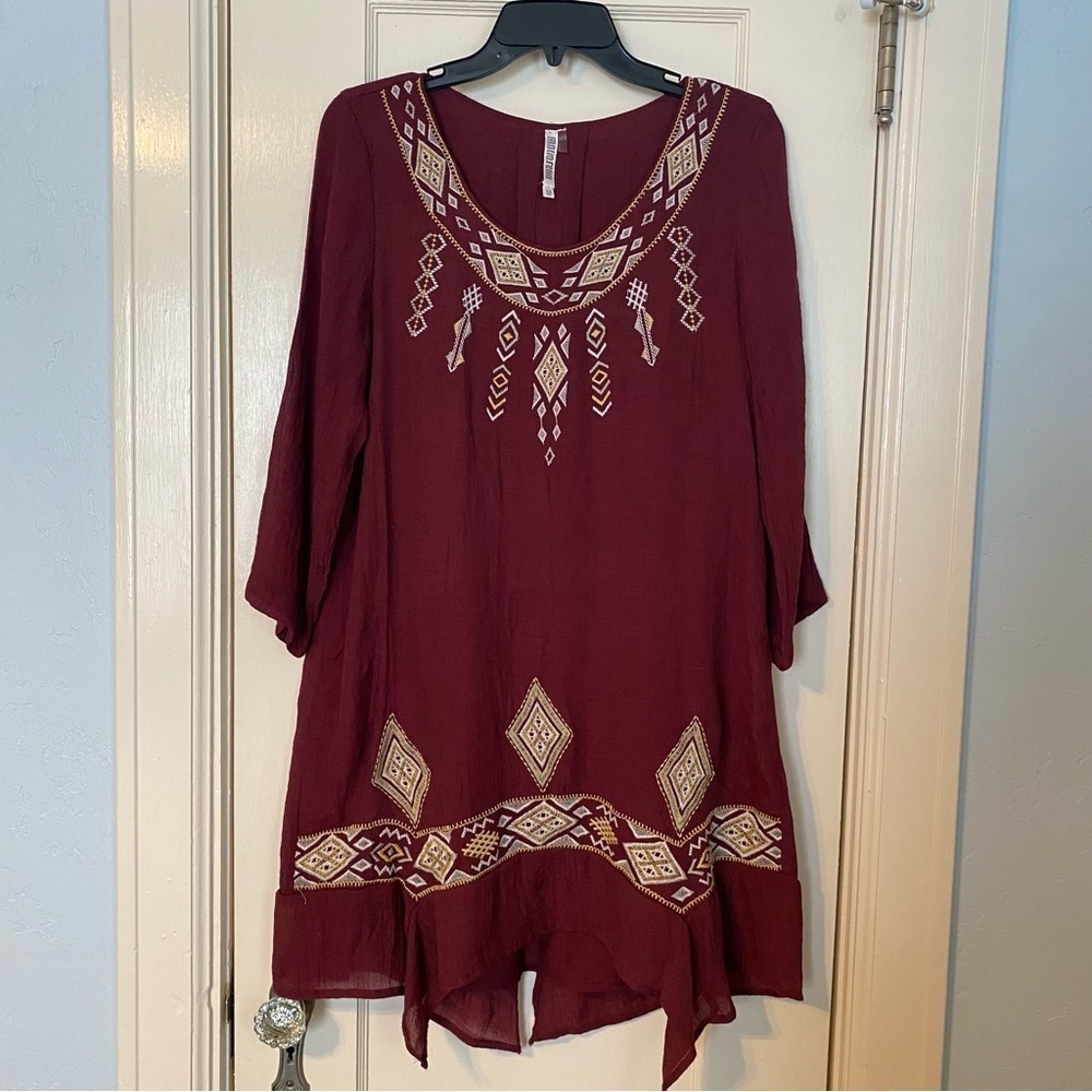 Monoreno Tunic Dress Boho Top Burgundy Non Iron M - Picture 3 of 13